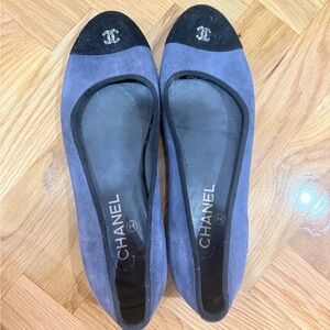 Chanel Black and Gray Flats with Iconic CC Logo